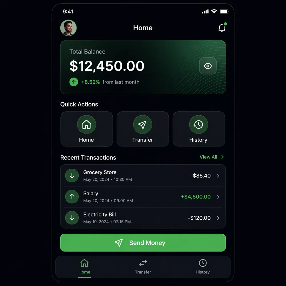 Exemple de maquette d'interface mobile GPT Image 2 — capture d'écran d'application financière avec une copie lisible et une mise en page générée avec ChatGPT Image 2