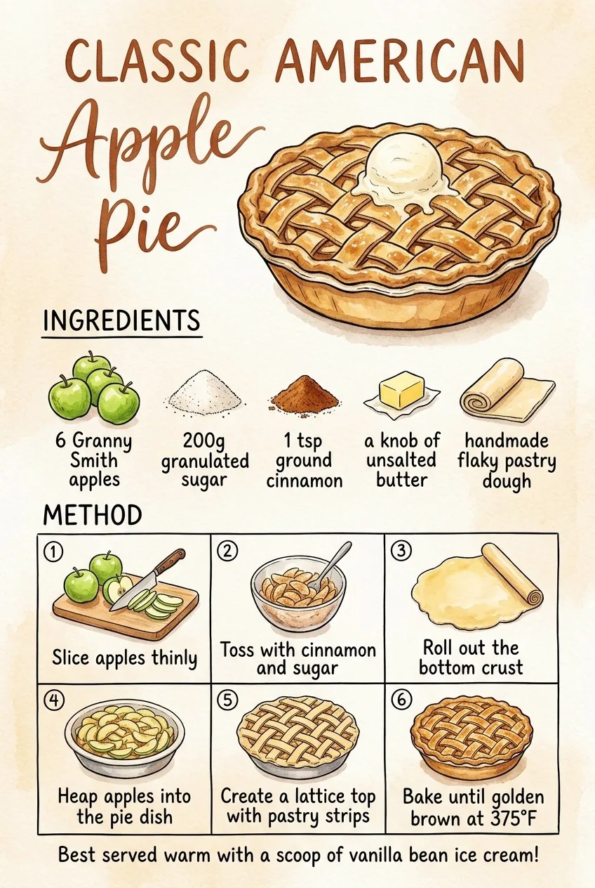 GPT Image 2 infographic example — AI-generated Classic American Apple Pie recipe card with illustrated ingredients, step-by-step method, and clean typography