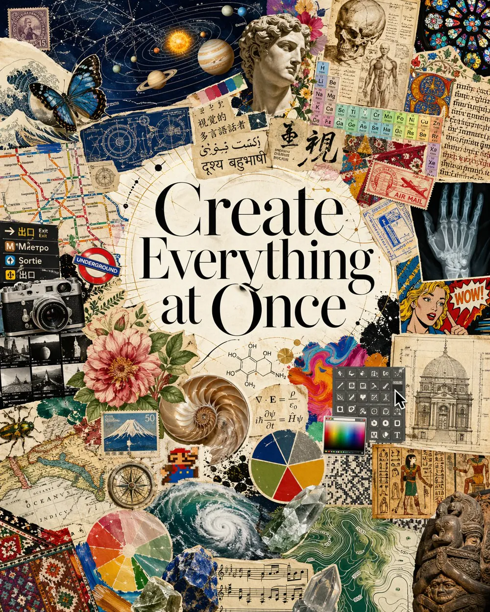 GPT Image 2 showcase — AI-generated collage titled Create Everything at Once with art, science, maps, and culture