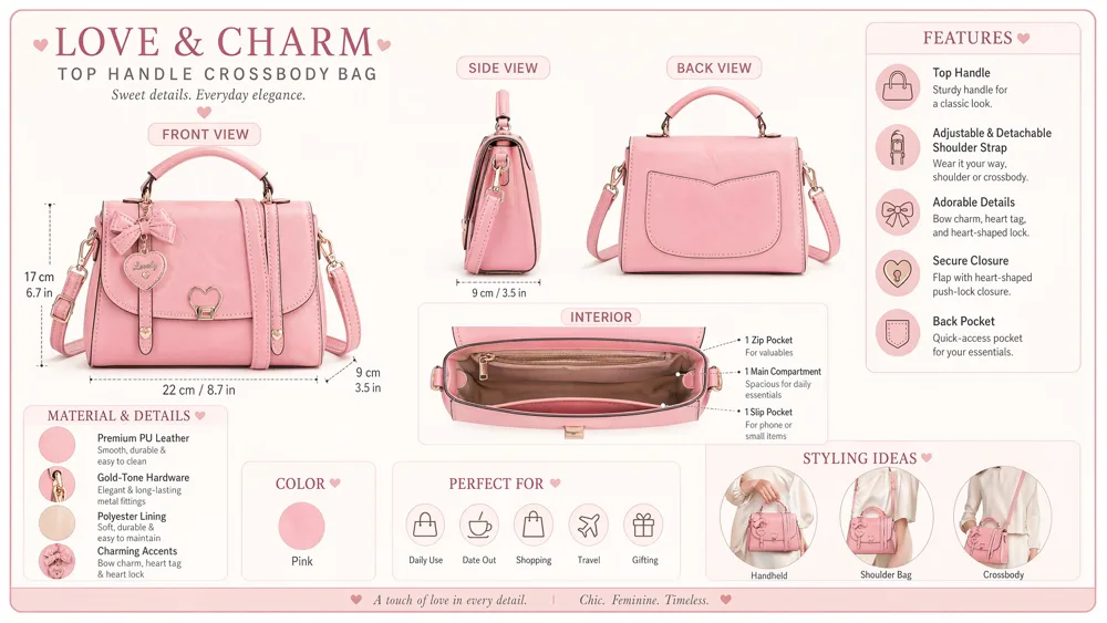 GPT Image 2 e-commerce example — AI-generated pink crossbody bag product sheet with dimensions, materials, features, and multi-angle views