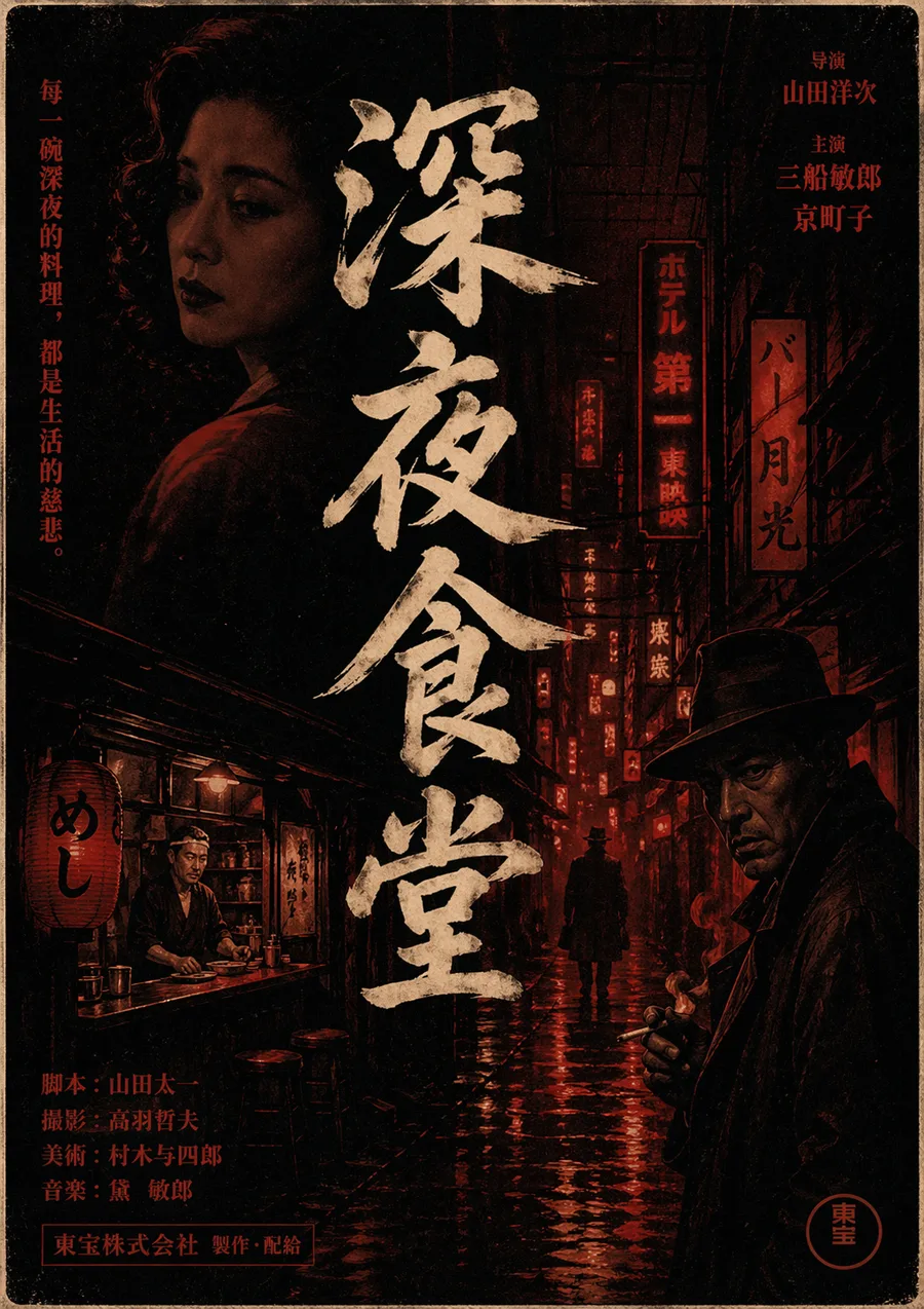 GPT Image 2 text rendering example — AI-generated Japanese movie poster for Shinya Shokudo with accurate kanji characters and vintage film design