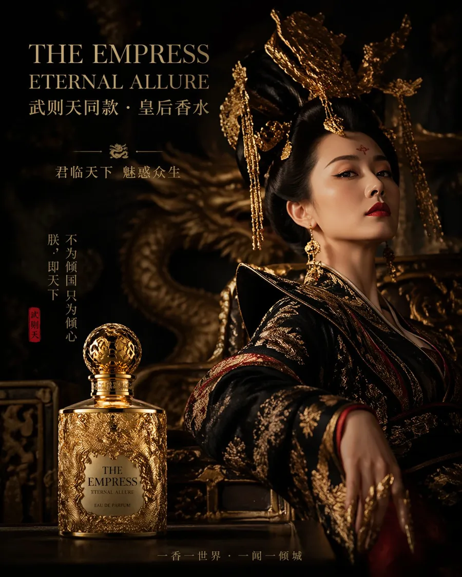 GPT Image 2 lifestyle photography example — AI-generated luxury perfume campaign photo featuring empress character, gold bottle, and dramatic lighting with Chinese and English typography