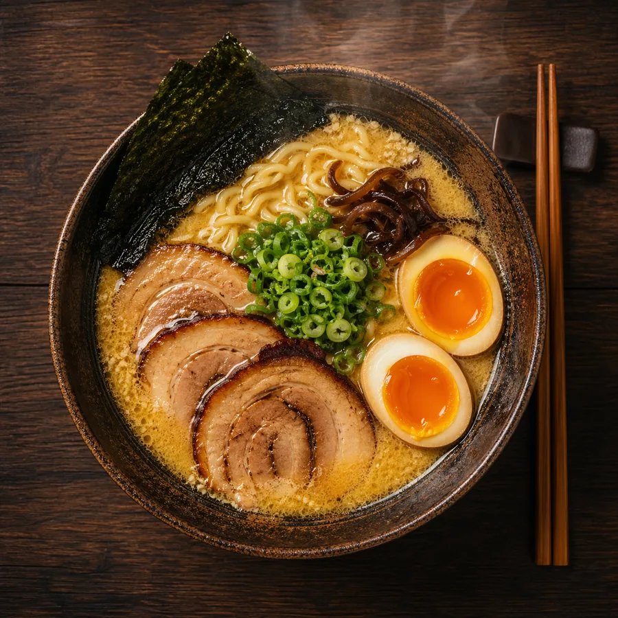 GPT Image 2 photorealism example — AI-generated photorealistic ramen bowl with chashu pork, soft-boiled egg, and nori on wooden table