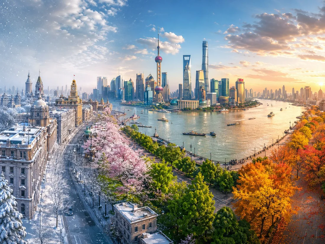 GPT Image 2 creative synthesis example — AI-generated panoramic view of Shanghai Bund merged across all four seasons simultaneously with cherry blossoms, summer greenery, autumn foliage, and winter snow